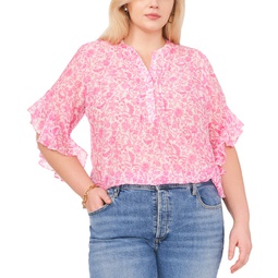 Plus Size Printed Pintuck Flutter 3/4-Sleeve Henley Blouse