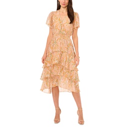 Womens Printed Smocked-Waist Faux-Wrap Tiered Midi Dress