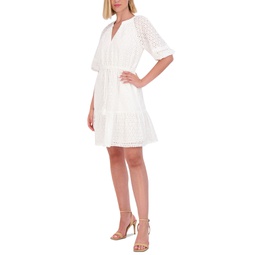 Womens Eyelet Balloon-Sleeve Tasseled-Drawstring Dress