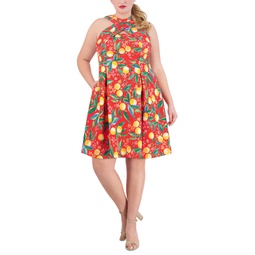 Plus Size Printed High-Neck Fit & Flare Dress
