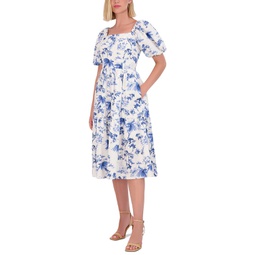Womens Floral Puff-Sleeve Midi Dress