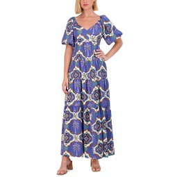 Womens Printed Puff-Sleeve Maxi Dress