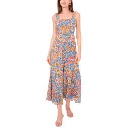 Womens Printed Smocked Fit & Flare Maxi Dress