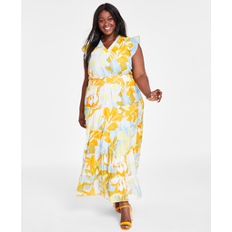 Plus Size Printed Flutter-Sleeve Tiered Maxi Dress