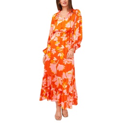 Womens Printed Tie-Neck Tiered Maxi Dress