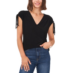 Womens Solid-Color V-Neck Shirred Shoulder Top