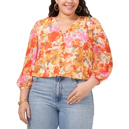 Plus Size Printed V-Neck Button Front Top
