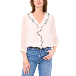 Womens Ruffled Piping 3/4-Sleeve Relaxed Blouse
