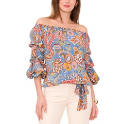 Womens Printed Off The Shoulder Bubble Sleeve Tie Front Blouse