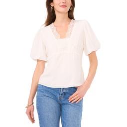 Womens Lace-Trim Puff-Sleeve Top
