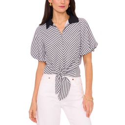 Womens Chevron-Stripe Puff-Sleeve Tie-Front Top