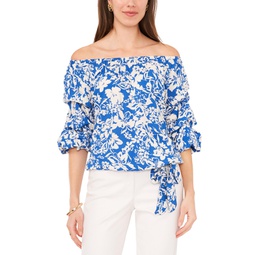 Womens Floral Off The Shoulder Bubble Sleeve Tie Front Blouse