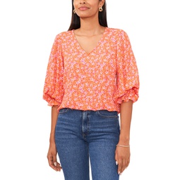 Womens Floral V-Neck Smocked Cuff Long-Sleeve Top