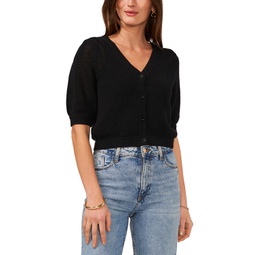 Womens Open-Knit Puff-Sleeve Cardigan Sweater