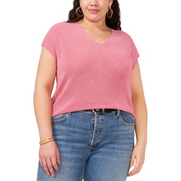 Plus Size Metallic V-Neck Short-Sleeve Sweater