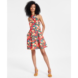 Womens Printed Halter Fit & Flare Dress