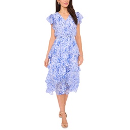 Womens Printed Flutter-Sleeve Tiered Midi Dress