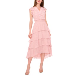 Womens V-Neck Flutter-Sleeve Tiered Dress