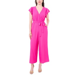 Womens Tie-Waist Flutter-Sleeve V-Neck Jumpsuit