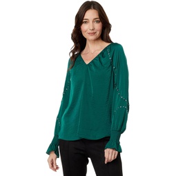 Vince Camuto Embroidered V-Neck Long Sleeve Blouse