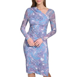 Womens Vince Camuto Printed Mesh Bodycon Dress With Asymmetrical Neckline