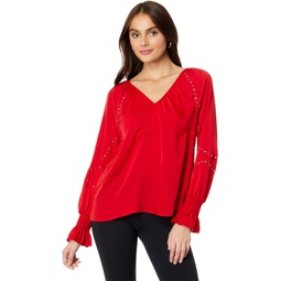 Vince Camuto Embroidered V-Neck Long Sleeve Blouse