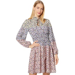 Womens Vince Camuto Printed CDC Ruffle Tie Neck Balloon Sleeve Smock Waist Fit-and-Flare