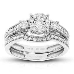1/3 cttw round cut lab grown diamond prong set wedding engagement ring bridal set. 925 sterling silver