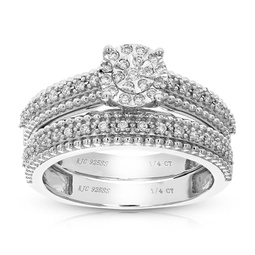 1/4 cttw lab grown diamond round cut wedding engagement ring bridal set .925 sterling silver prong set