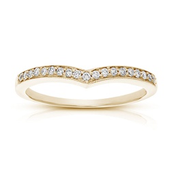 0.18 cttw diamond wedding band for women, v shape round diamond wedding band in 14k yellow gold with milgrain