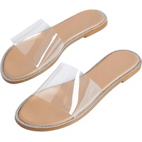 WDIRARA Clear Strap Rhinestone Sandals Open Toe Flat Slide Sandals Vacation Sandals