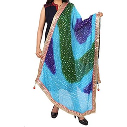 Women Jaipuri Bandhani Dupatta with Gota Work and latkan Rajasthani Silk Bandhej Multicolor Scarf