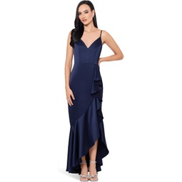Womens XSCAPE Satin Dress With A Fun Side Ruffle Makes For A Flattering Yet Elegant Dress