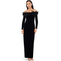 XSCAPE Off-the-Shoulder Long Sleeve Velvet with Feathers