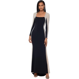 Womens XSCAPE Long Ity Square Neck Long Sleeve Dress with Caviar Beading