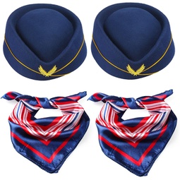 Yewong Stewardess Hat and Scarf Set for Womens Stewardess Flight Attendant Air Hostess Cosplay Costume Accessories - Navy Blue Hat - 4 Pieces
