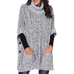 Yingkis Womens Poncho Sweater Turtle Cowl Neck Batwing Sleeve Pullover Sweaters with Pockets