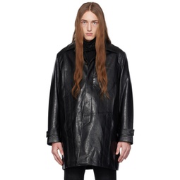Black Buttoned Faux-Leather Coat 232984M176000