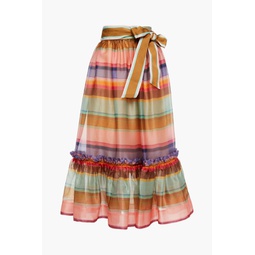 Gathered striped silk-organza midi skirt