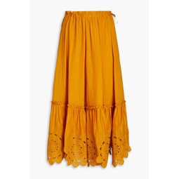 Embroidered ruffle-trimmed ramie wrap skirt