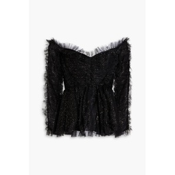 Off-the-shoulder ruffled glittered tulle peplum top