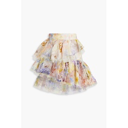 Ruffled floral-print silk and linen-blend gauze mini skirt