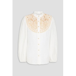Guipure lace-paneled linen blouse