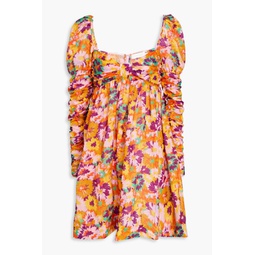 Ruched floral-print cotton-voile mini dress