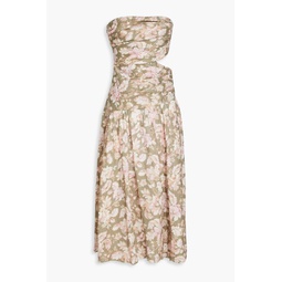 Strapless cutout floral-print linen midi dress