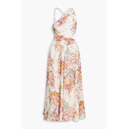 Cutout floral-print linen midi dress