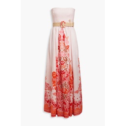 Strapless belted printed linen maxi dress
