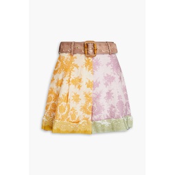 Pleated belted floral-print linen shorts