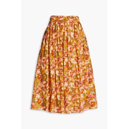 Gathered floral-print cotton midi skirt