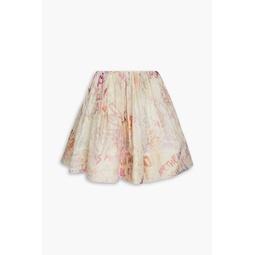 Gathered printed linen and silk-blend gauze mini skirt